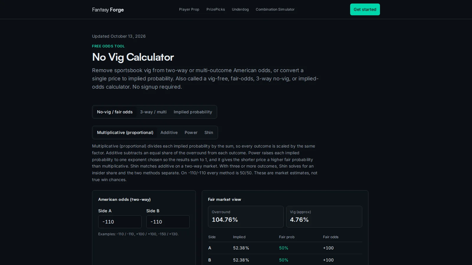 Fantasy Forge no-vig calculator showing fair odds conversion from American odds