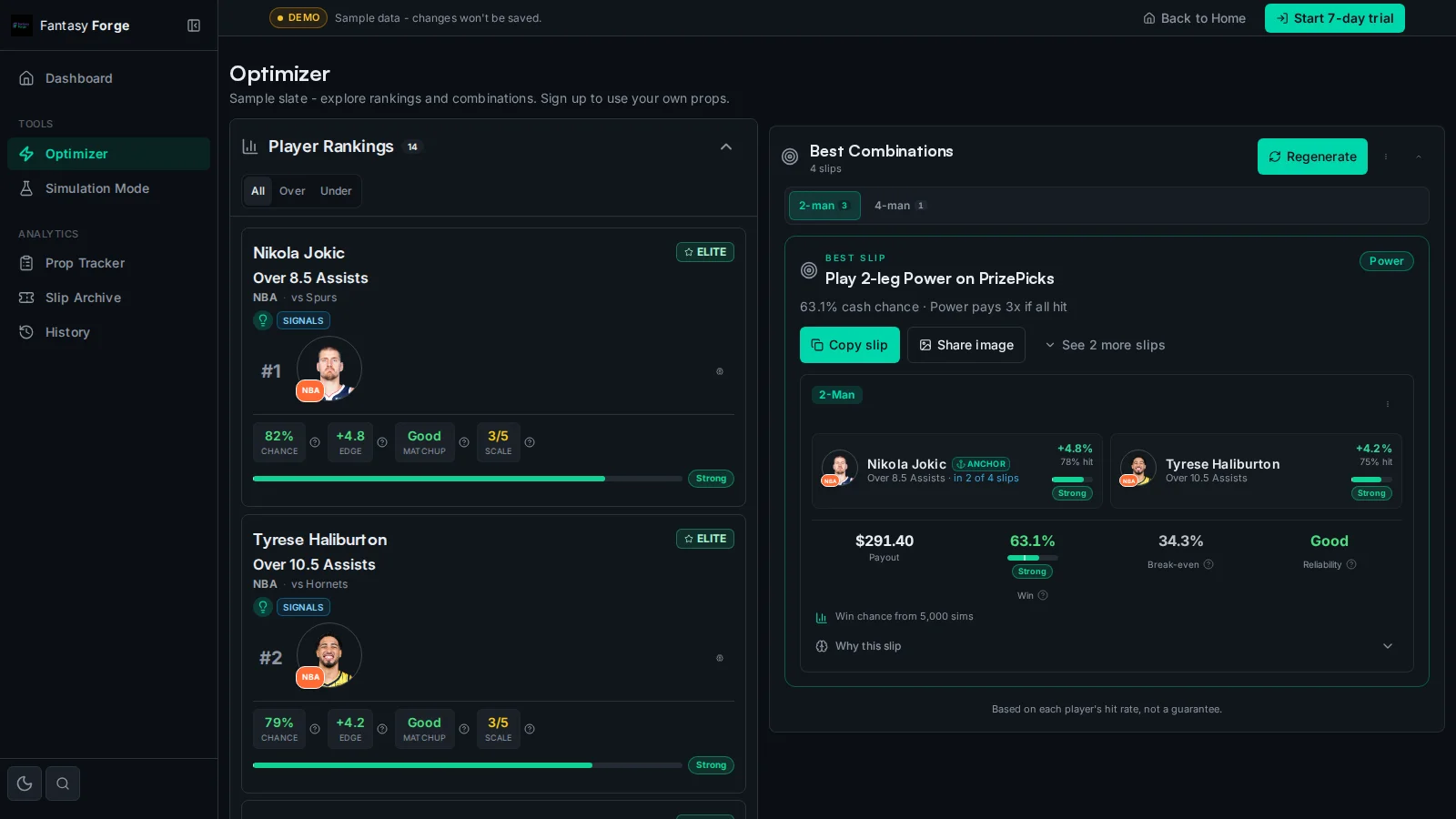 Fantasy Forge prop optimizer showing ranked player props with hit rate and confidence scores